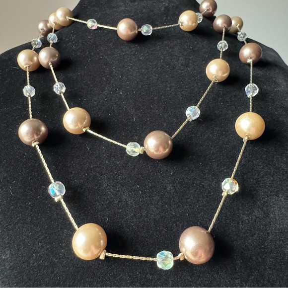 Lia Sophia Station Necklace Gold Brown Beige Pearls (Vintage Flapper Girl Pearl) - Picture 5 of 17